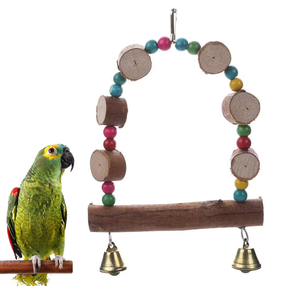 Pet Bird Parrot Wooden Beads Bell Hanging Swing Stand Bite-resistant Chew Toy