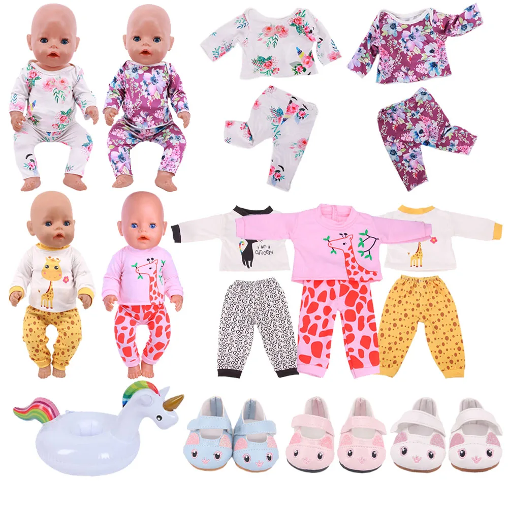 2Pcs/Set Doll Clothes Pajamas Unicorn Kitty Shoes Fit 18 Inch American Of Girl`s&43Cm Baby New Born Doll Zaps Our Generation Toy