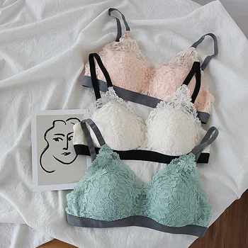 

Wriufred Lace triangle cup underwear without steel ring ladies thin section bra girl candy color natural gathered lingerie