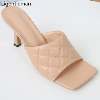 

Thin Heels Sandals Woman Summer Apricot Leather Diamond Shape Embroidery Thread Square Toe High Heels Fashion Sandal Women Shoes