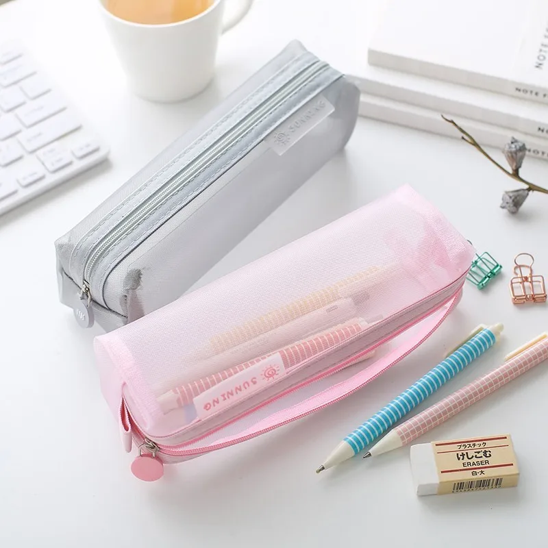 School Mesh Pencil Cases Kawaii Cute Solid Color Transparent Pencil Box School Student Pen Bag Supplies Lapis Stationery pencil cases