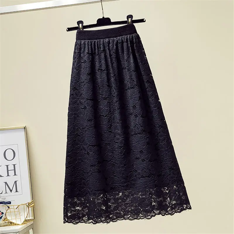 Autumn Winter Knitted Lace Skirt Women Saia Elegant Floral High Waist Skirts Womens Faldas Casual Harajuku Slim Knit Skirt Q2072