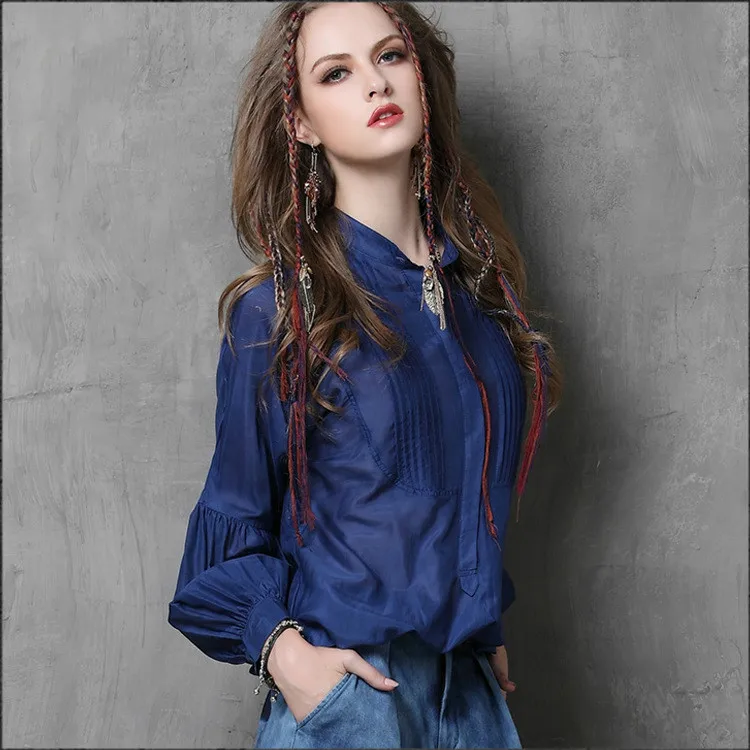 Women's 2019 Autumn New Stand Collar Silk Blouse Retro Mulberry Silk Long Sleeve Shirt Womens Tops and Blouses  Women Blouses