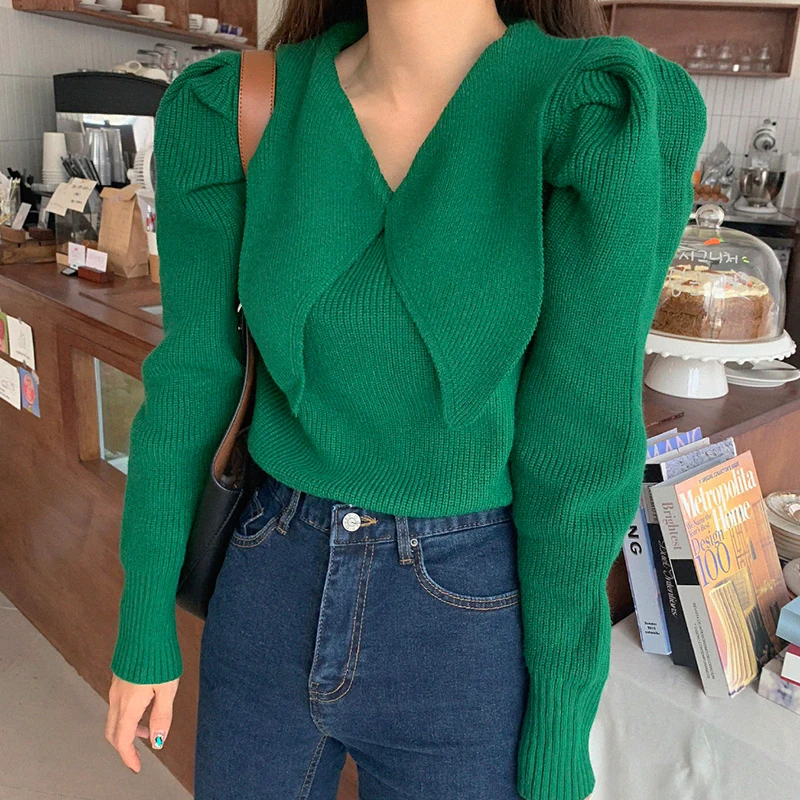 Green Корейские женские осенние вязаные свитера с пышными рукавами, женские зимние теплые свободные пуловеры с отложным воротником, милый свитер - Цвет: Green