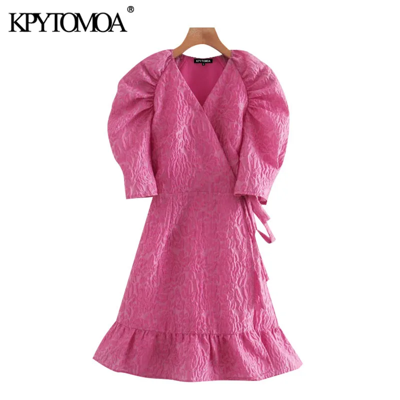 KPYTOMOA Women 2020 Chic Fashion Floral Pattern Ruffle Wrap Mini Dress Vintage Puff Sleeves Side Bow Tied Female Dresses Mujer KPYTOMOA Women 2020 Chic Fashion Floral Pattern Ruffle Wrap Mini Dress Vintage Puff Sleeves Side Bow Tied Female Dresses Mujer