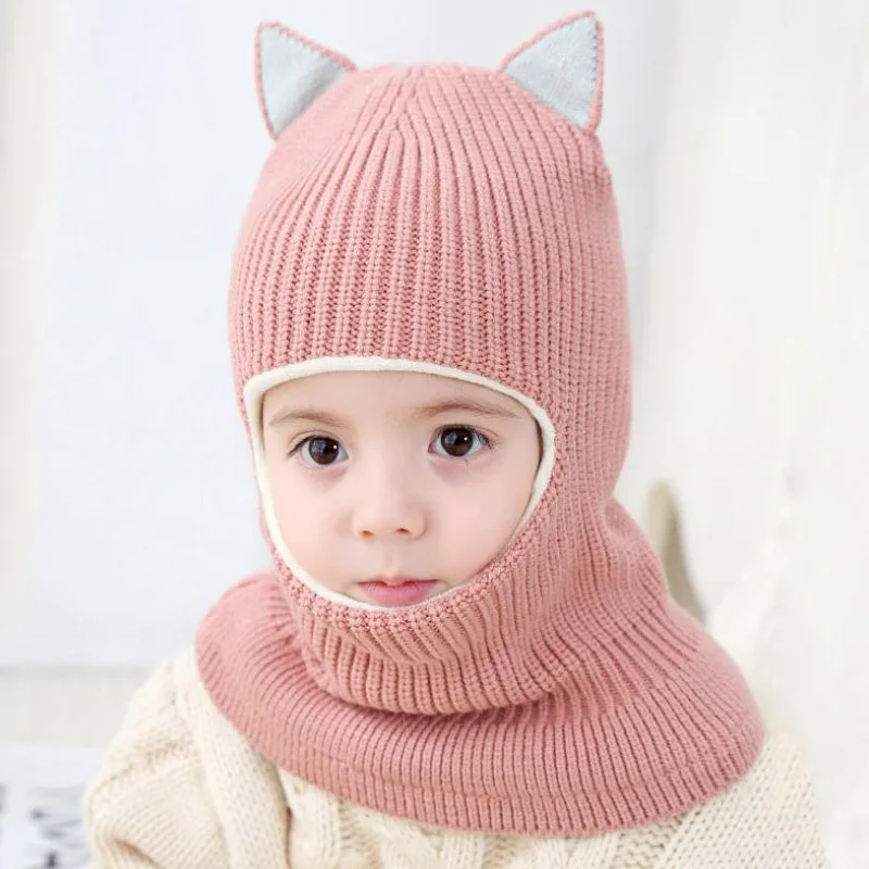 Boys Girls Pom Pom Hat Balls Baby Winter Velvet Ear Cap Kids Autumn Hooded Hat Neck Warmer Cap Thick Beanie Hats F16695CH