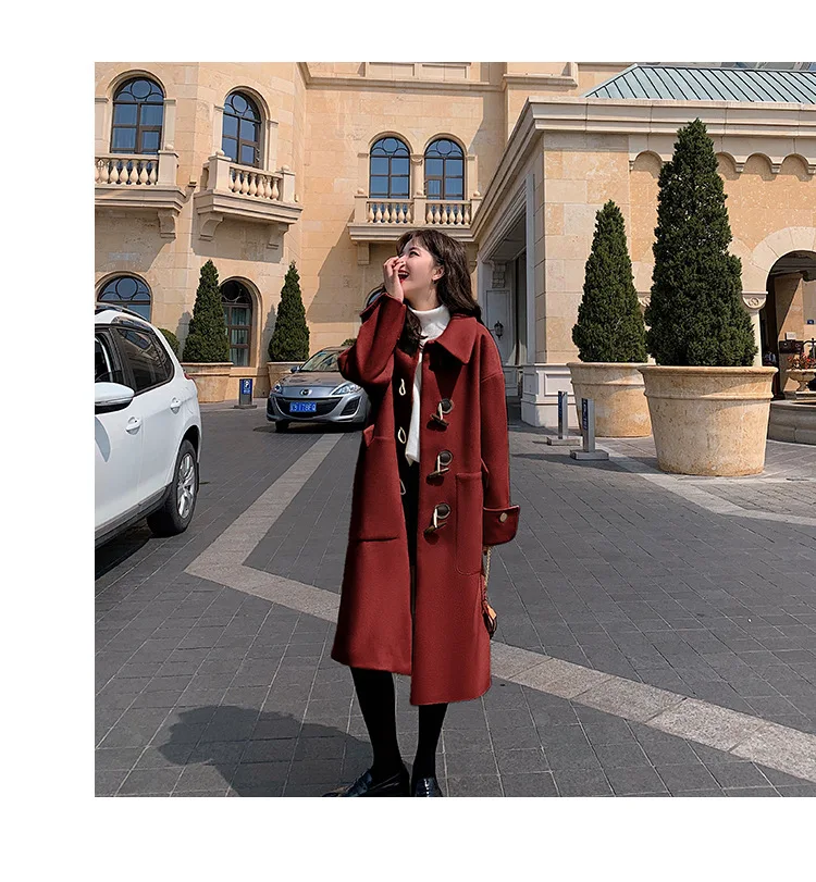 Шерстяная Женская куртка для фотосессии, осень и зима, стиль, студенческий стиль, средней длины, красное шерстяное пальто
