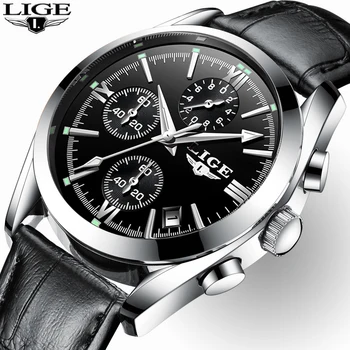 

2020 LIGE New Watches Mens Waterproof Analogue Clock Black Leather Waterproof Luminous Watch For Men Sport Relogio Masculino+Box