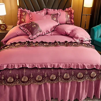 

Bed Skirt Princess Style 4pc/Set Bedding Set Lace Bed Sheet Quilt Cover Pillow Case Solid Polyester High Quality Soft Bed Lining