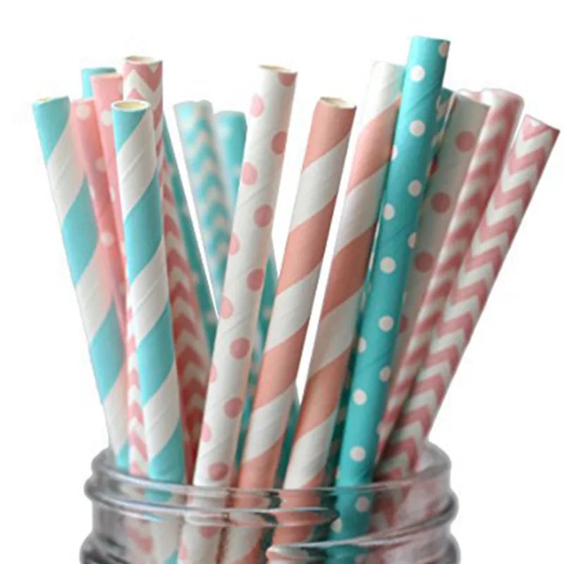 25 Pcs Colors Disposable Paper Dot Striped Wave Straws Party DIY For Baby Shower Baptism Birthday Wedding Purple Pink Decor | Дом и сад