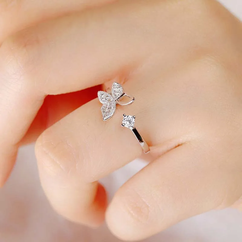 Модное 925 пробы Серебряное роскошное кольцо с бабочкой из кристаллов дамское регулируемое блестящее женское кольцо Ювелирное Украшение