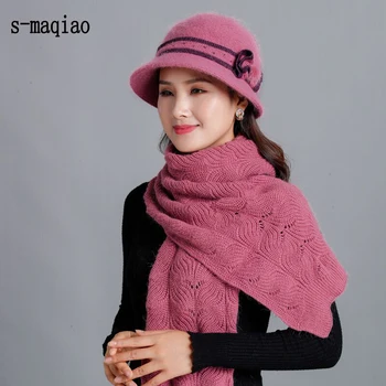 

2019 New Warm Knitted Hat Scarf Set elegant Bow woman Rabbit hair Knit Headwear Thicken Cap Female Beanies Soft Shawl Gift