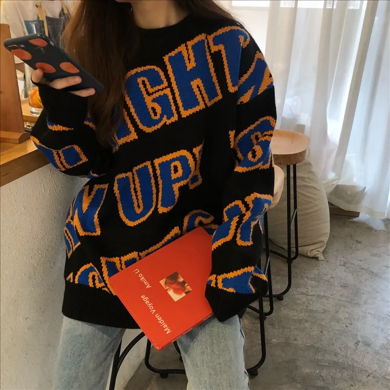 black Зимний свитер с надписью в стиле хип-хоп, панк, забавная пара, Harajuku Ulzzang, СВОБОДНЫЙ Модный корейский женский вязаный винтажный свитер ins - Цвет: black