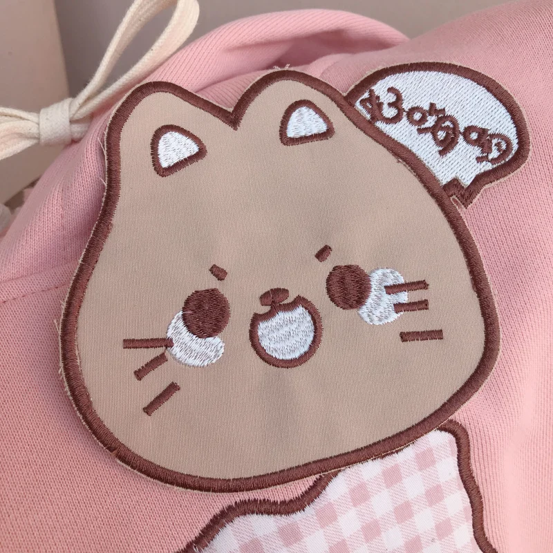 Милая японская толстовка с капюшоном для подростков женская одежда Kawaii Cat Графический плед розовые толстовки Весна корейский милый аниме женский свитер