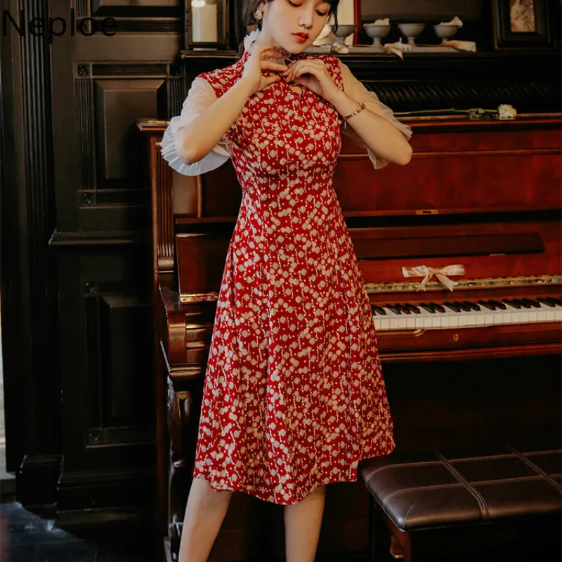 Непло цветочный принт женское платье Лето 2019 Ретро стоячий воротник короткий