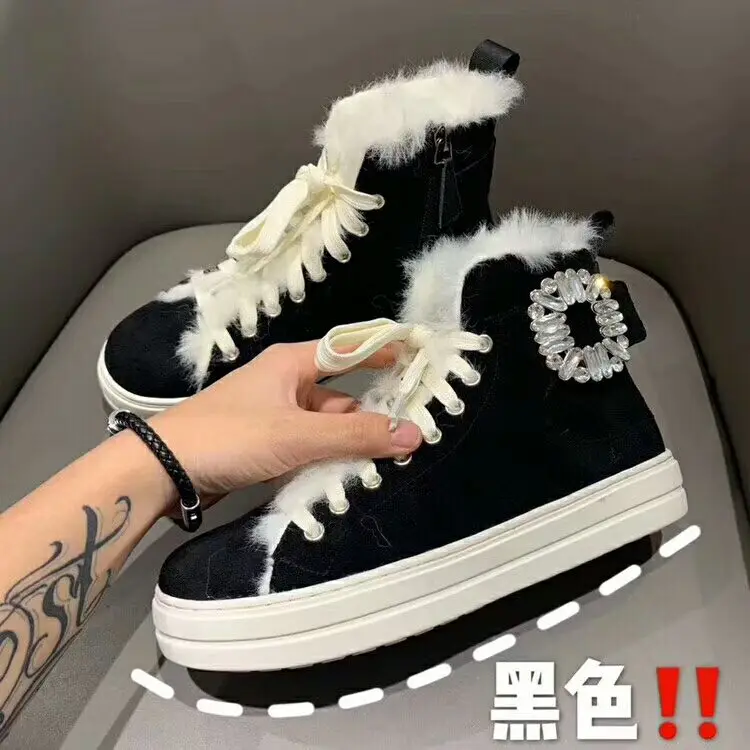 Шикарные зимние ботинки Rhinestone, женская обувь с круглым носком, из шерсти и меха; Теплые ботильоны; Сезон Зима; спортивная обувь на платформе; Повседневная обувь; женская обувь для отдыха