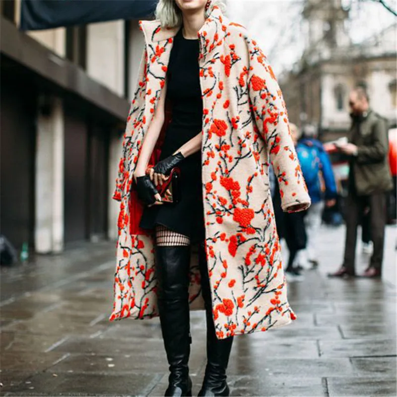 Модное женское пальто, теплое, плотное, с цветочным принтом, пальто, Винтаж, уличный стиль, вечерние, верхняя одежда,, длинное пальто для зимы для женщин
