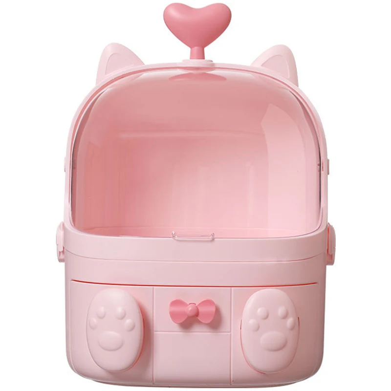 

Cat Shape Plastic Makeup Storage Box Cosmetic Organizer Make Up Container Desktop Sundry Storage Case with Handle