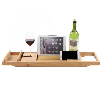 

Bamboo Bathtub Caddy Tray with Extending Sides Cellphone Wineglass Holder Accessories Placement Bathtub accessories display