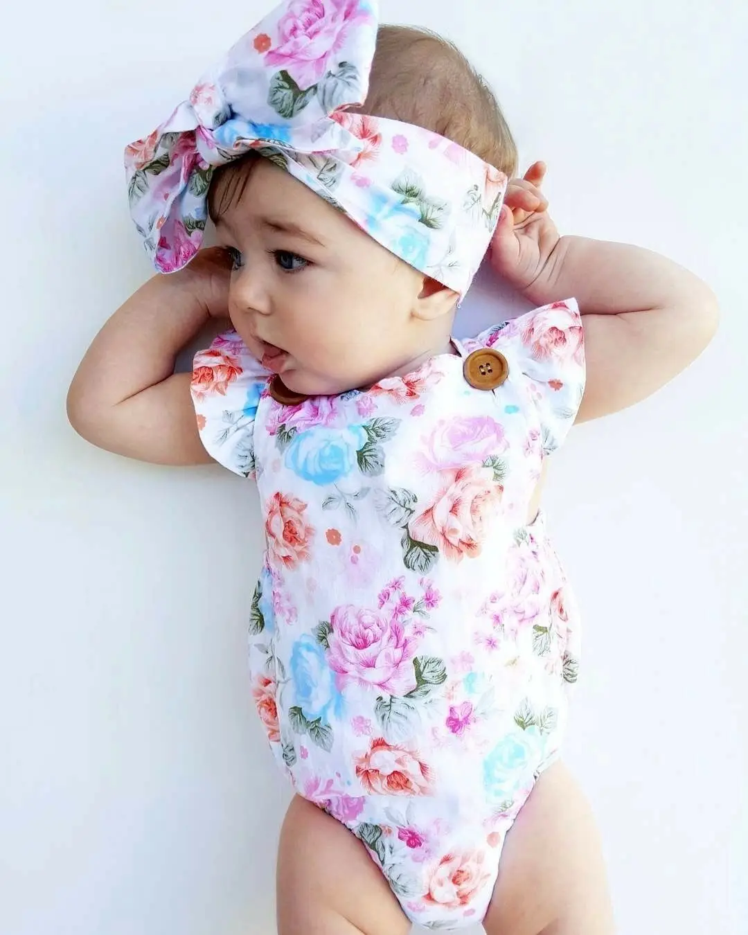 Baby Bodysuit Girls Floral Jumpsuit Short Sleeveless Clothes Bodysuit+ Headband Sunsuit Kids Outfit Newborn 2Pcs Set
