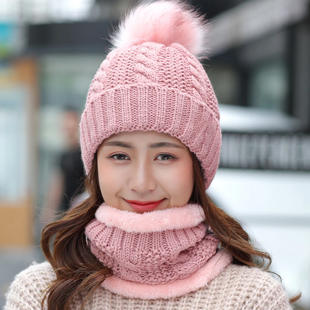 Women Ski Cap Faux Fur Home Keep Warm Hat Scarf Set Beanie Winter Shopping Soft Fleece Slouchy Baggy Knitting