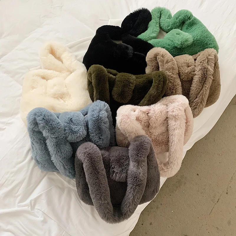 Solid Plush Bags Soft Fluffy Bag For Women 2021 Winter New Furry Bags Luxury Designer Handbag Faux Fur Shoulder Bags Comfortable