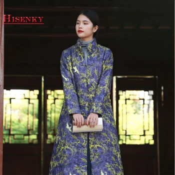 

Hisenky Women Warm Long Jacket Retro Winter Coat Cotton Linen Padded Clothes Thick Warm Parkas Enthnic Printing Quilted Outwear