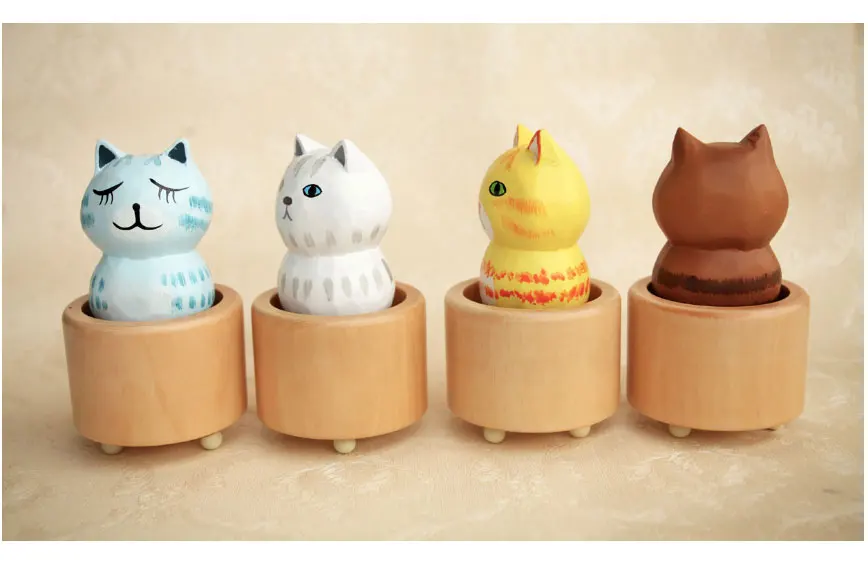4 цвета Kawaii мультяшная кошка музыкальные коробки деревянная музыкальная шкатулка деревянные поделки Ретро подарок на день рождения винтажные аксессуары для украшения дома