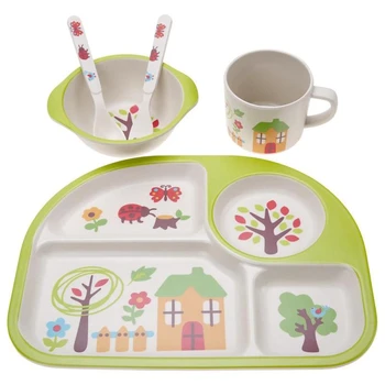 

5Pcs/Set Eco-Friendly Bamboo Fiber Baby Plate Dishes 4 Slots Children Tableware Dishes Dinnerware Creative Gift Baby