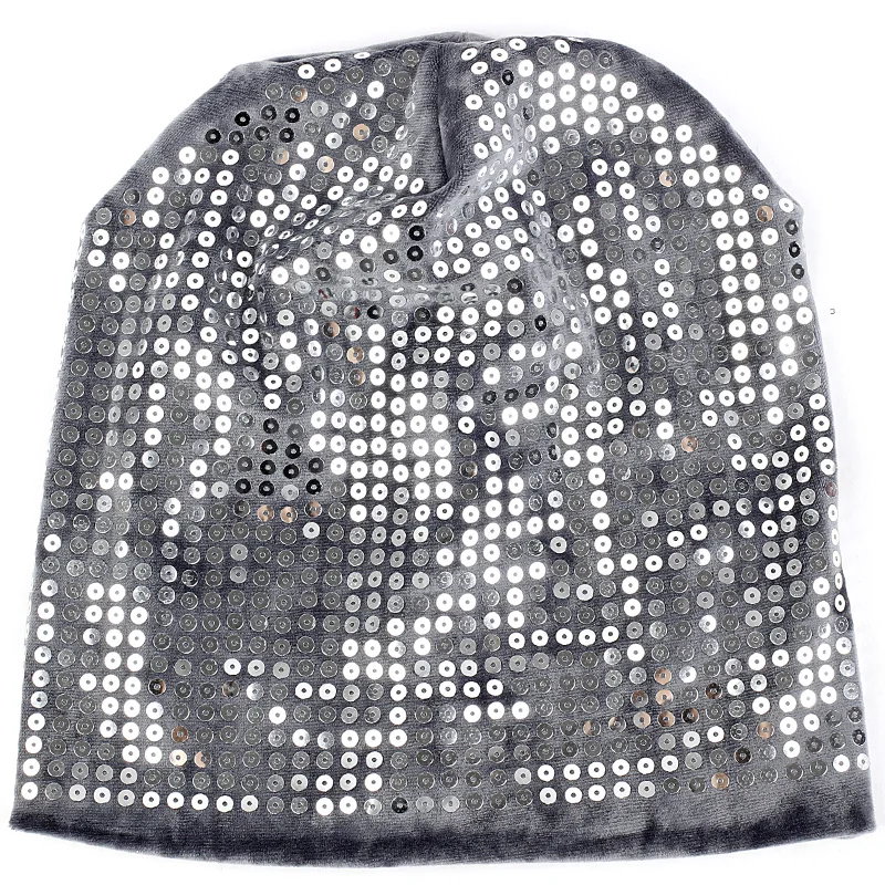 Geebro Зимняя Шапка-бини для девочек и женщин, зимние шапки, бархатный пуловер с блестками для взрослых, шапка с черепом, теплая плотная шапка - Цвет: dark gray