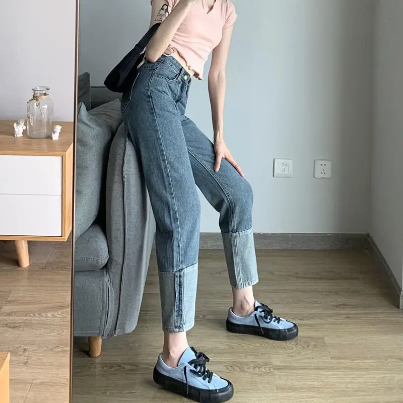 

Straight High Waist Jeans Women's Vintage Contrast Color Stitching Jeans Autumn 2020 Korean Style Loose Capri-Pants Cuffs Jeans