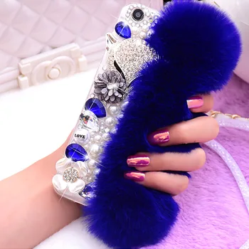 

Luxury Woman Fluffy Winter Warm Wool Rabbit Hair Rhinestone Diamond Cover For Samsung a50 a70 s8 s9 a40 a20 s10 plus phone case