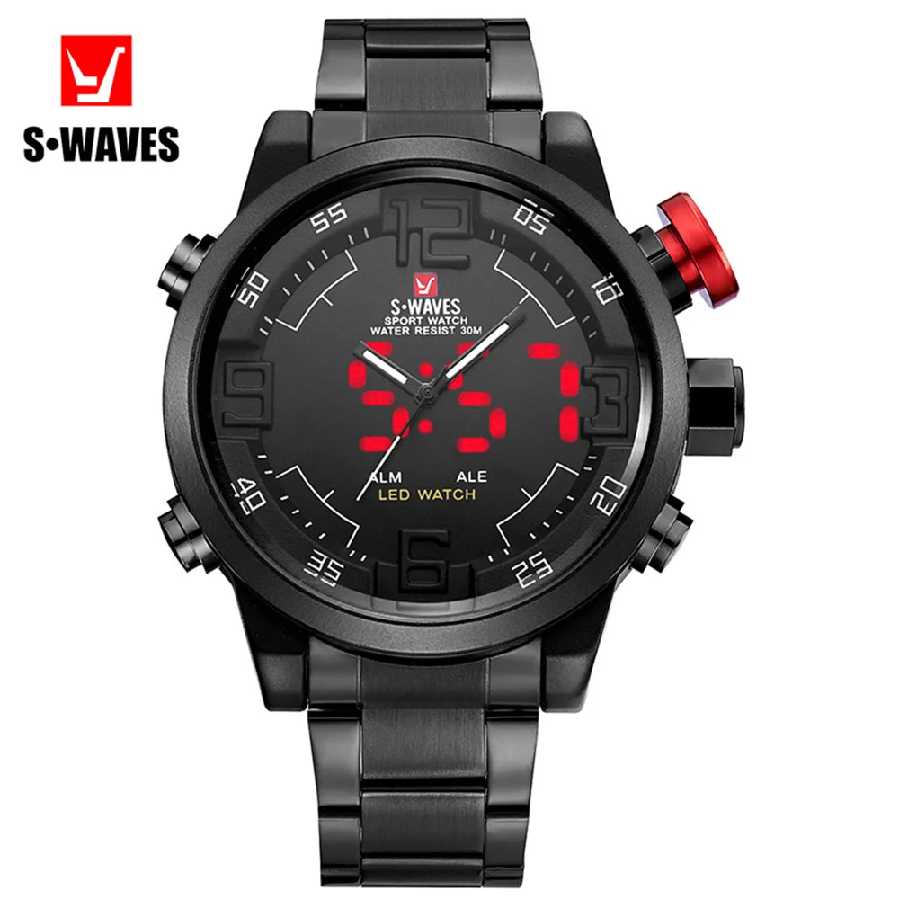 

SWAVES LED Watch Men Dual Display Quartz Fashion Reloj Hombre Luxury Waterproof Alarm Clock Stainless Steel Men's Wrist Watches