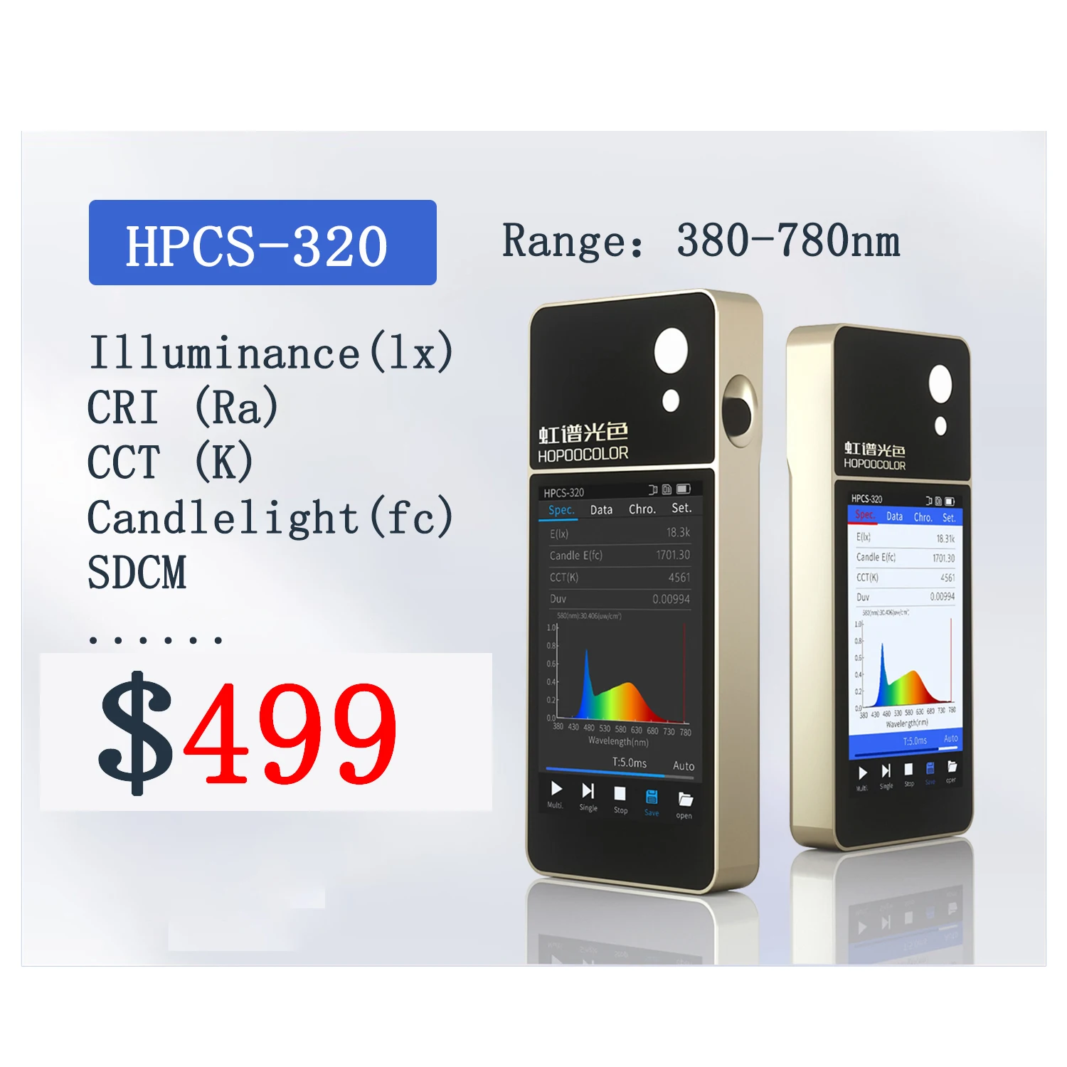 저가의 분광계, 조도 측정기, 스펙트럼 CCT CRI Ra, HPCS320