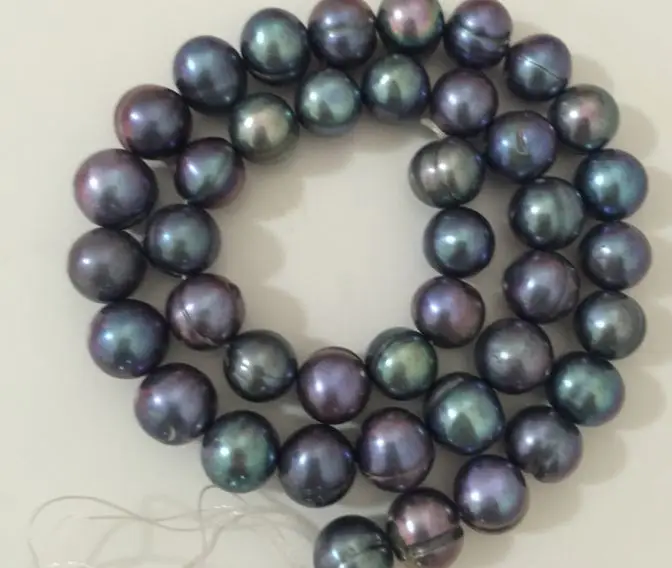 Single12-13mm таитянское барокко черный зеленый жемчуг necklace18inch 925 серебро