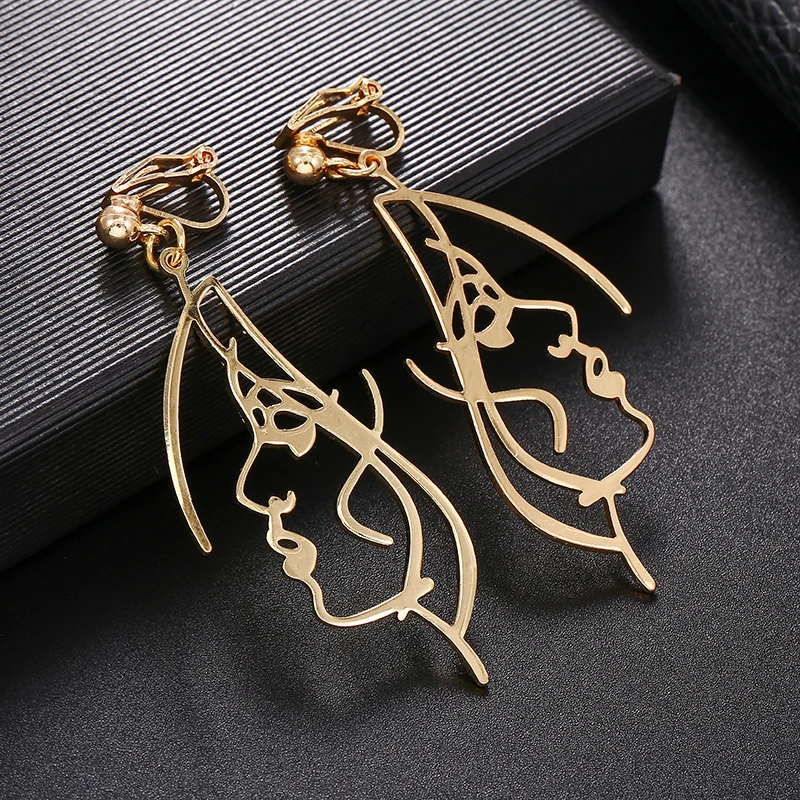 Abstract Stylish Hollow Out Face Earrings Clip Girls Statement no hole, ear clip earrings, clip earrings, ear clip