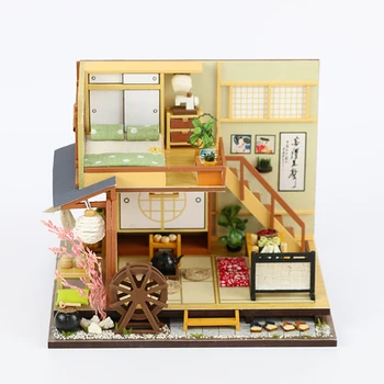 

DIY Handmade Japanese Theme Wooden Cabin Assembly Building Model Toy Set with Light and Music - Doll Houses Forest Holiday