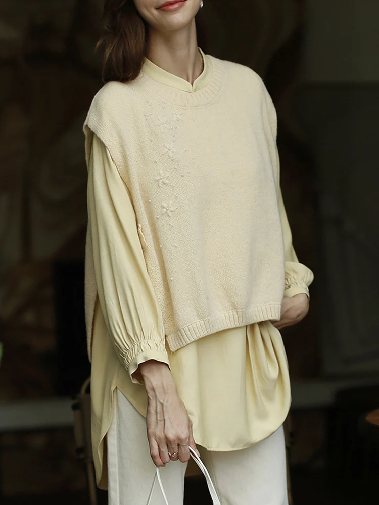 ROJAY Sweater Vest Woolen Waistcoat Women Loose Chinese Style Short Knitted Vest Alpaca Embroidery Stylish