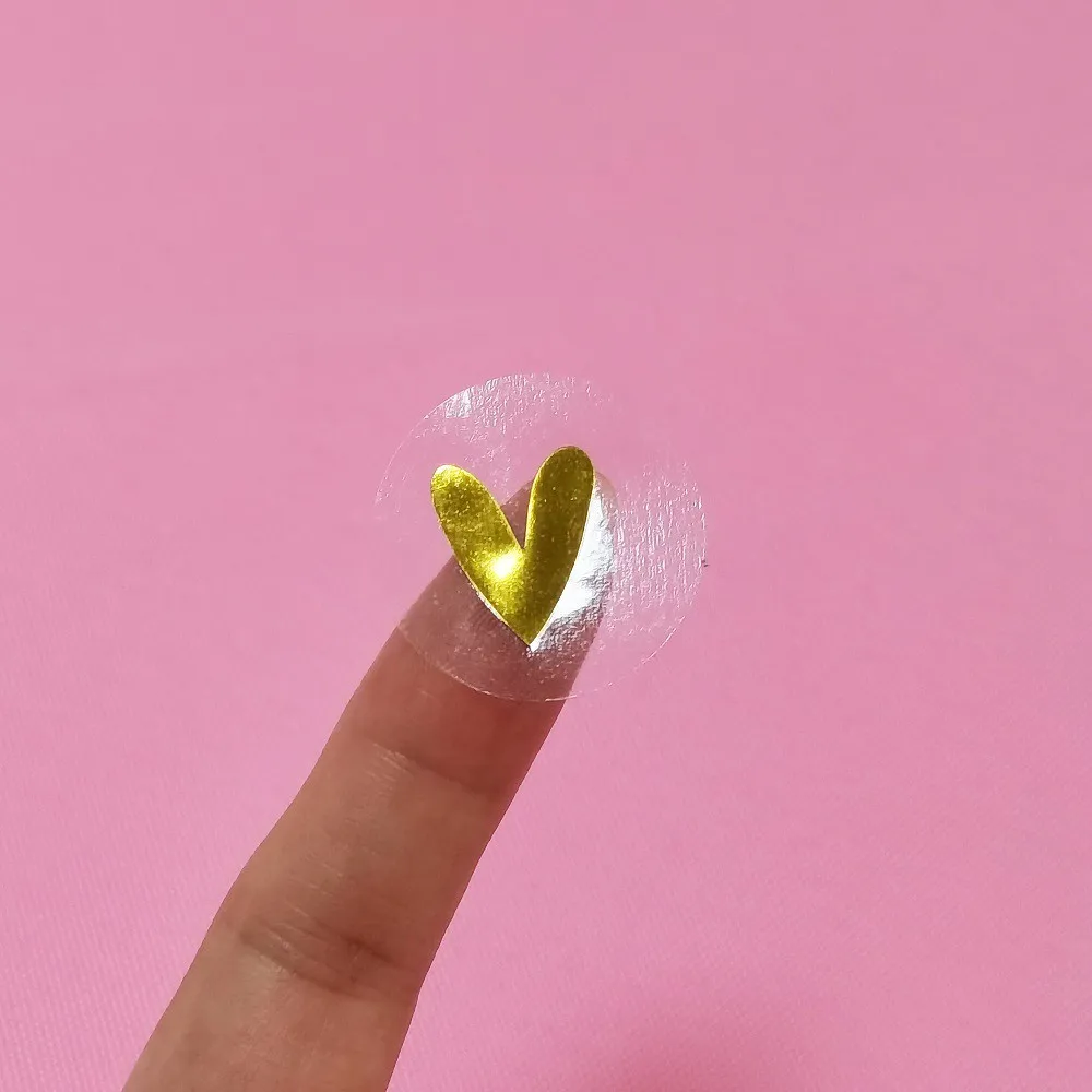 500 Pcs/roll Round Transparent Gold Heart Adhesive Sticker Cute Sealing Label Sticker for Envelope Gift Decor Stationery decorative stickers,self adhesive stickers,stationery stickers,paper stickers,adhesive stickers,decorative labels stickers,roll packaging stickers,packaging stickers