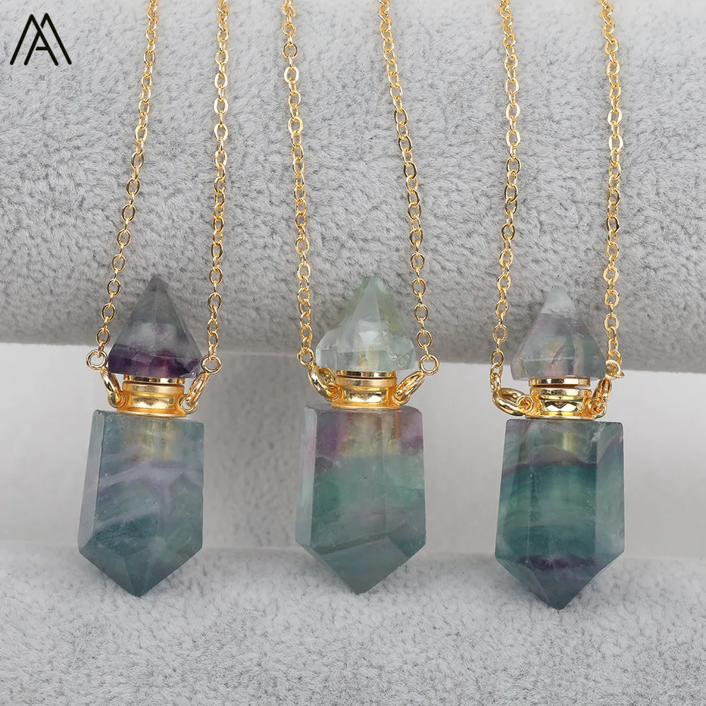 

Natural Rainbow Fluorite Stone Bottle Wire Plated Gold Chain Double Connector Pendant Necklace Women Jewelry Gift EF-DG-26AMEE