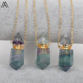 

Natural Rainbow Fluorite Stone Hexagonal Perfume Bottle Pendant Necklace Fashion Women Essential Oil Diffuser Necklace Charms