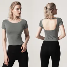 Новинка г. Летняя Модальная Спортивная одежда для йоги с круглым вырезом и короткими рукавами Спортивная футболка для фитнеса с открытой спиной без подклада для груди