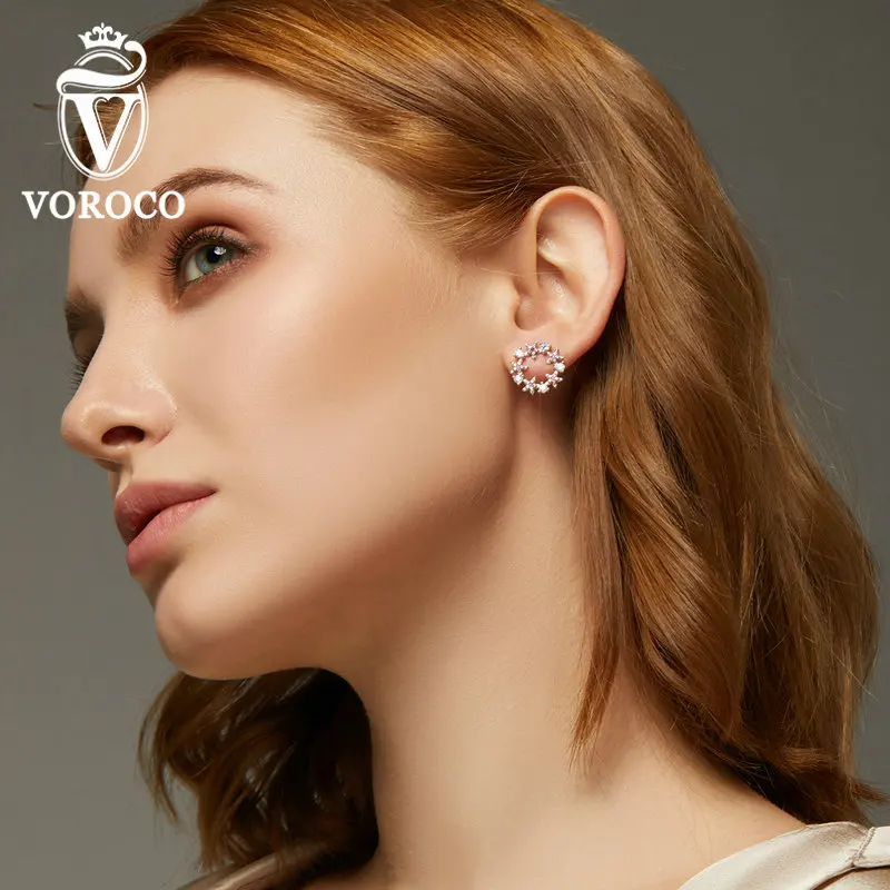 VOROCO BNE307, 925 пробы, серебряные, розовые, Bloosom Circlet, серьги-гвоздики, для женщин, хорошее ювелирное изделие для свадьбы, корейский стиль, круглые серьги