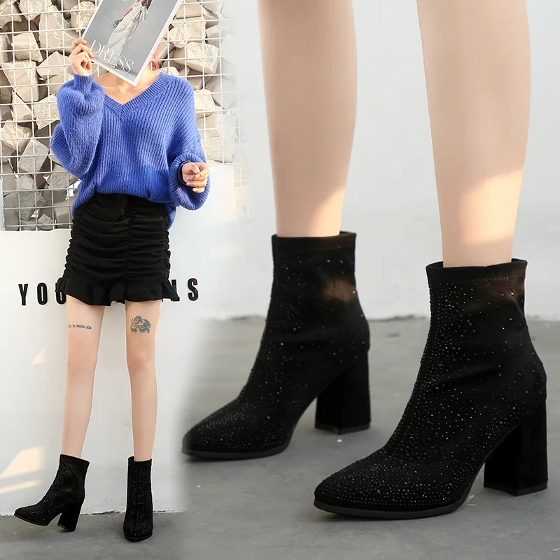 

Online Celebrity Chunky High Heel Boots Women's 2019 Autumn And Winter New Style Tube Socks Boots Pointed Toe Versatile Man-made