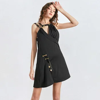 

Asymmetrical Patchwork Pin Party Dress Women Spaghetti Strap Off Shoulder High Waist Dresses Female Fashion Clothes