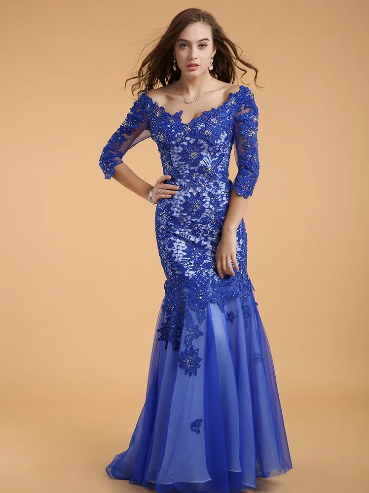 Robe de soiree, новинка, сексуальное платье невесты с открытой спиной, королевское синее кружевное платье с кристаллами, вечернее платье, платья для матери невесты - Цвет: Синий