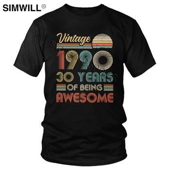 

Vintage 1990 30th Birthday T Shirt 30 Years of Being Awesome T-Shirt Short Sleeve Born in 90s Anniversary Present Cotton Tee Top