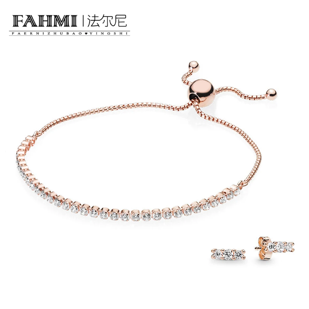 

FAHMI 100% 925 Sterling Silver Rose Sparkling Strand Sparkling Earring Set Adjustable Size Free Shipping Wholesale