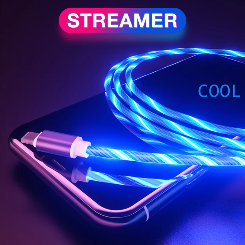 1 м 2A светодиодный светящийся струящийся Micro usb type C кабель для Xiaomi для huawei для samsung S9 Android USB зарядное устройство TPE яркий кабель для передачи данных