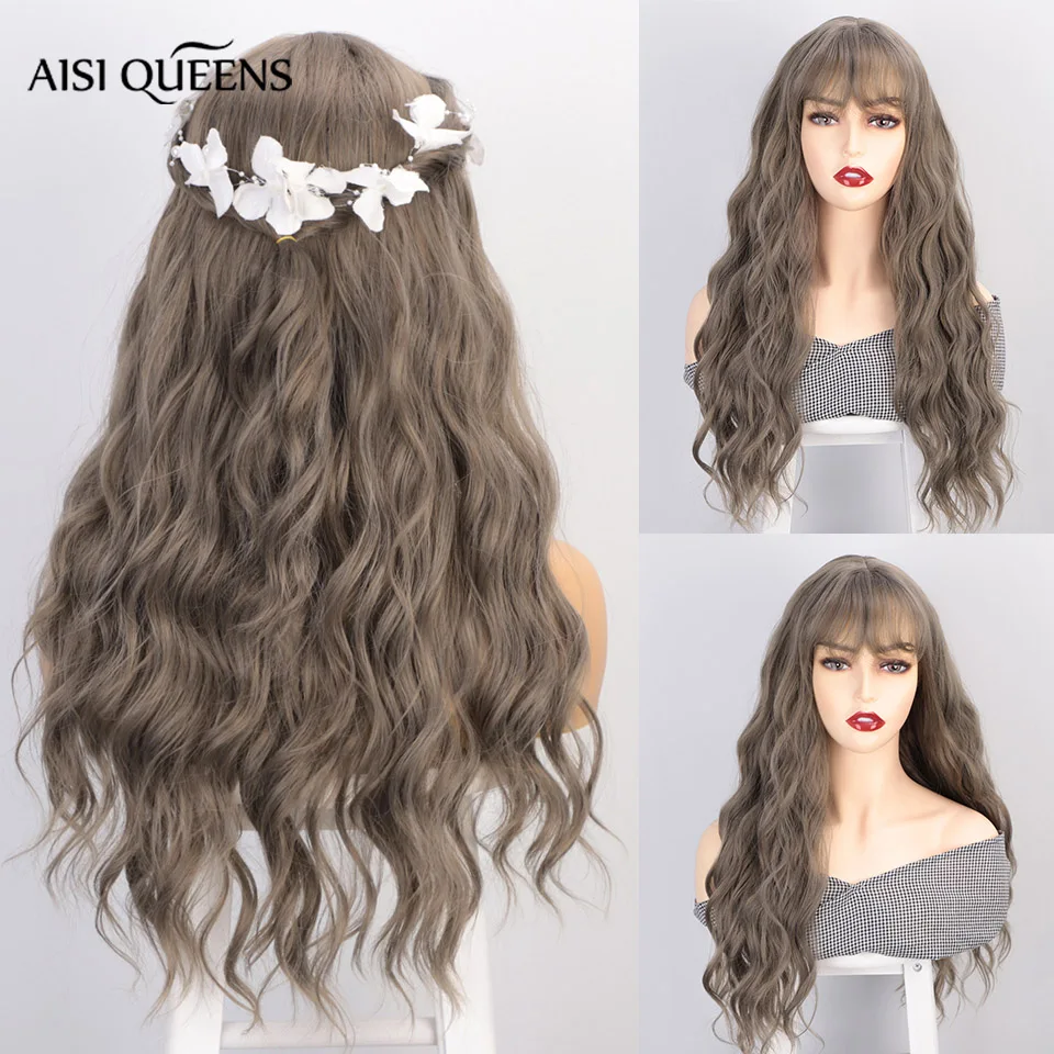 AISI QUEENS, Длинные Синтетические парики для женщин, косплей, парики с челкой, коричневый, серый, волна воды, натуральные волосы, средний размер, синтетический парик